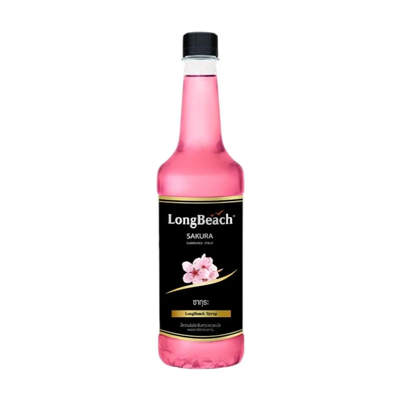 LongBeach Sakura Syrup bottle, 740ml, in a dry grocery setting, showcasing the colorful sakura-flavored syrup.