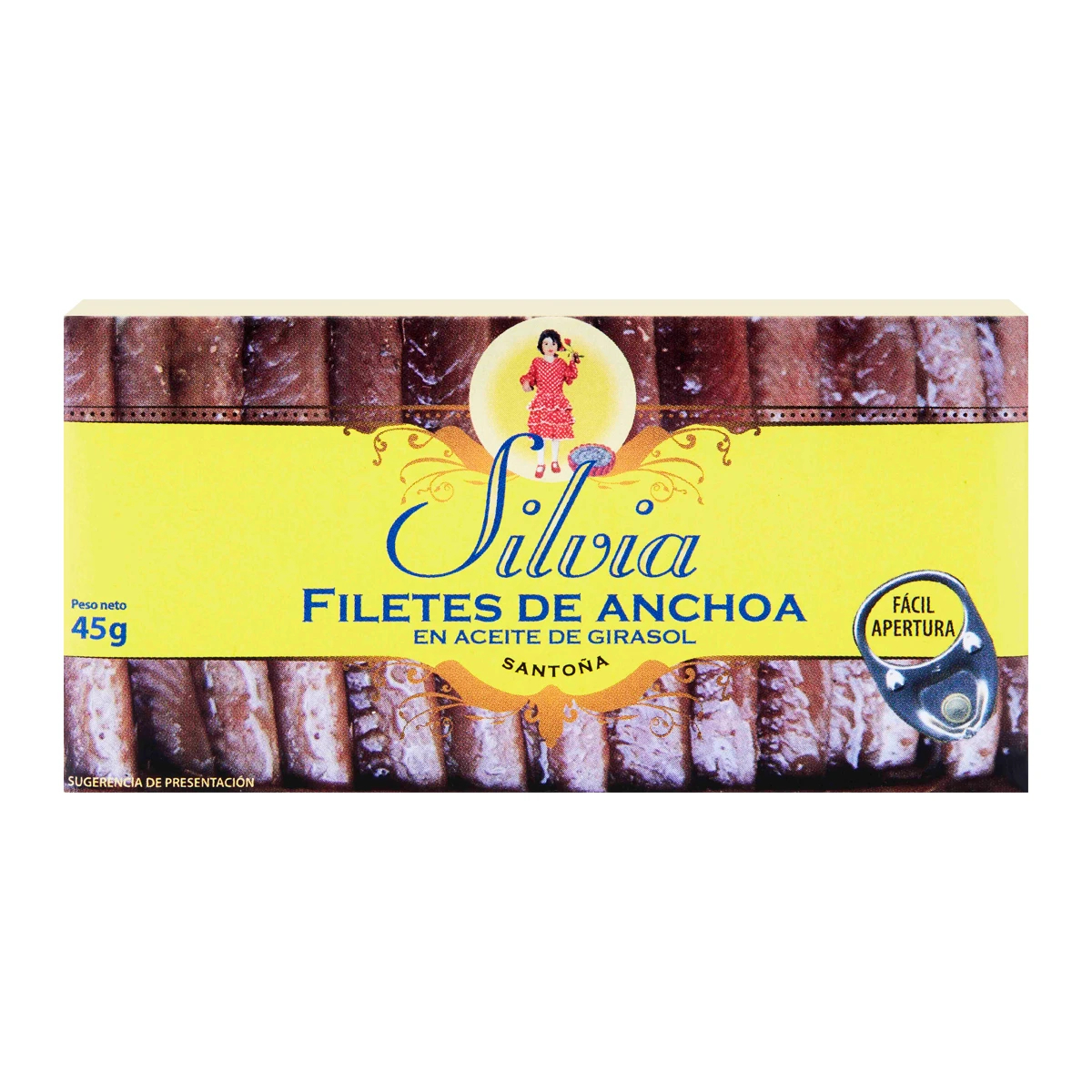 Canned Silvia anchovy fillets in sunflower oil, displayed in a clear jar with anchovies visible inside.