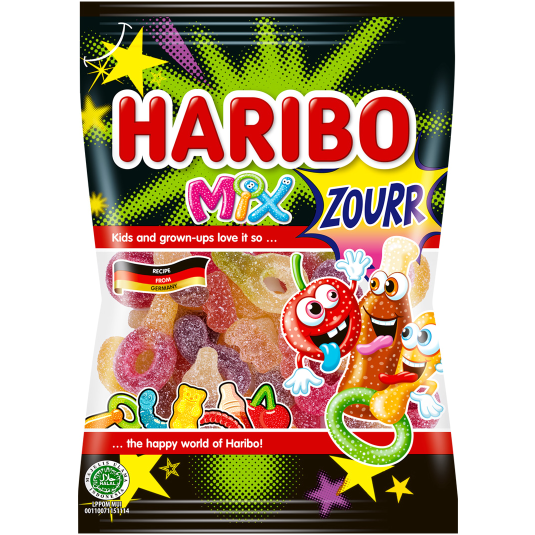 Assorted Haribo Mix Zourr confectionery snacks in colorful gummy shapes and flavors, displayed in a clear bowl.