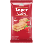 Oriental Strawberry Layer Cake, a confectionery snack with layered sponge and strawberry filling, displayed on a white plate.