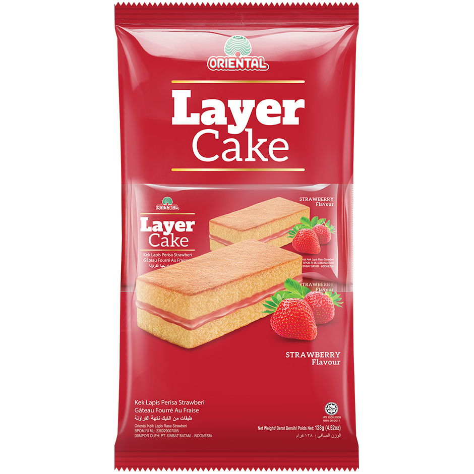 Oriental Strawberry Layer Cake, a confectionery snack with layered sponge and strawberry filling, displayed on a white plate.