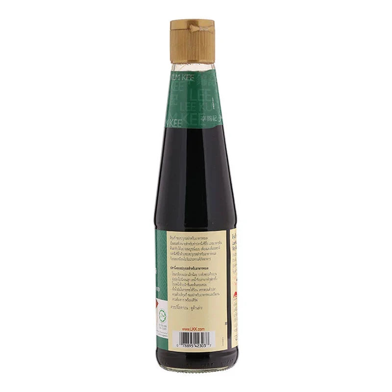 Bottle of LEE KUM KEE Soy Sauce 410ml, a staple in Asian cuisine, with a dark soy sauce inside a clear glass bottle.