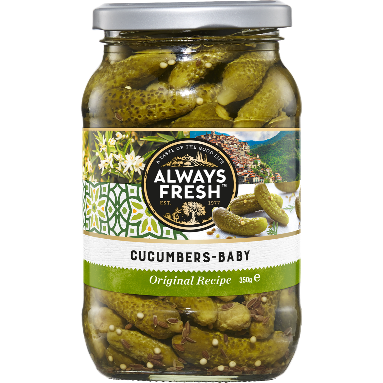 Always Fresh baby cucumbers and cornichons in a grocery jar, fresh and crisp with vibrant green color.