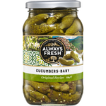 Always Fresh baby cucumbers and cornichons in a grocery jar, fresh and crisp with vibrant green color.