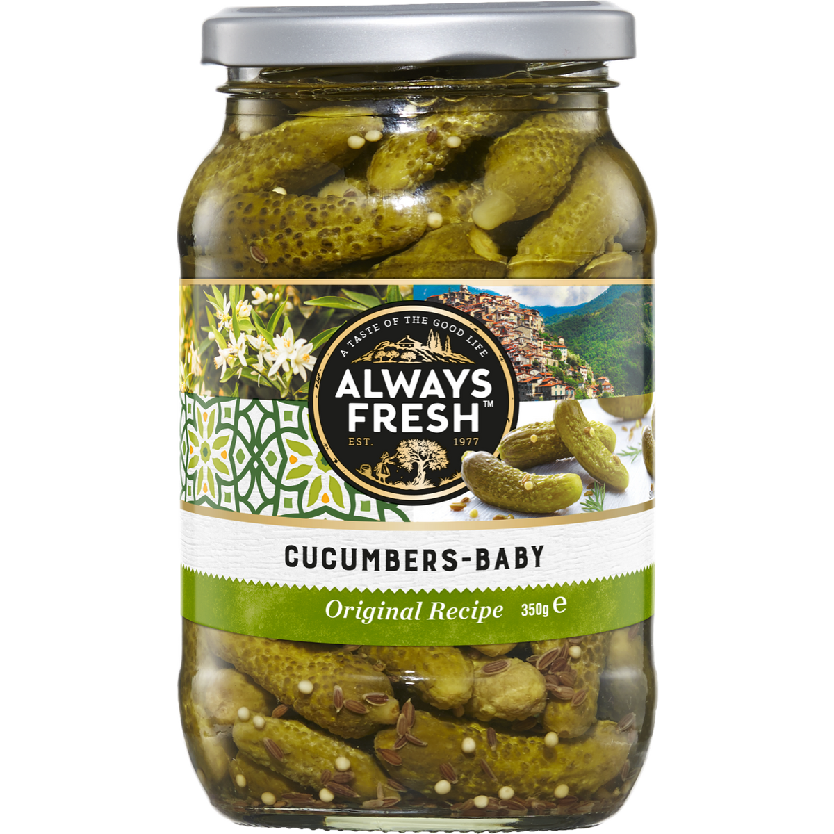 Always Fresh baby cucumbers and cornichons in a grocery jar, fresh and crisp with vibrant green color.