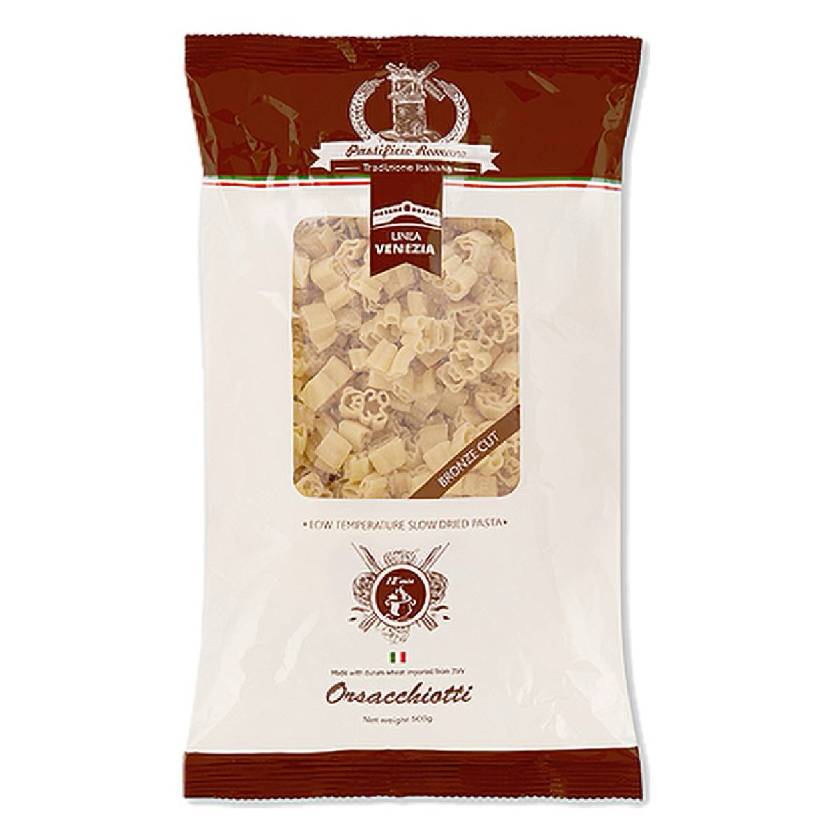 Pastificio Romano Orsacchiotti Venezia pasta in a grocery setting, showing the packaged pasta with branding and product details.