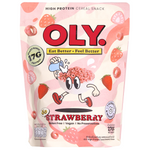 Oly High Protein Cereal Strawberry in a bowl with cereal and fresh strawberries, showcasing the Oly grocery product.