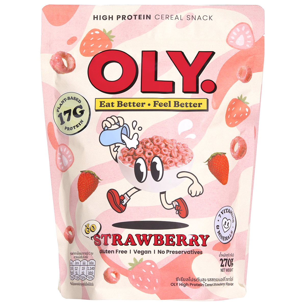Oly High Protein Cereal Strawberry in a bowl with cereal and fresh strawberries, showcasing the Oly grocery product.