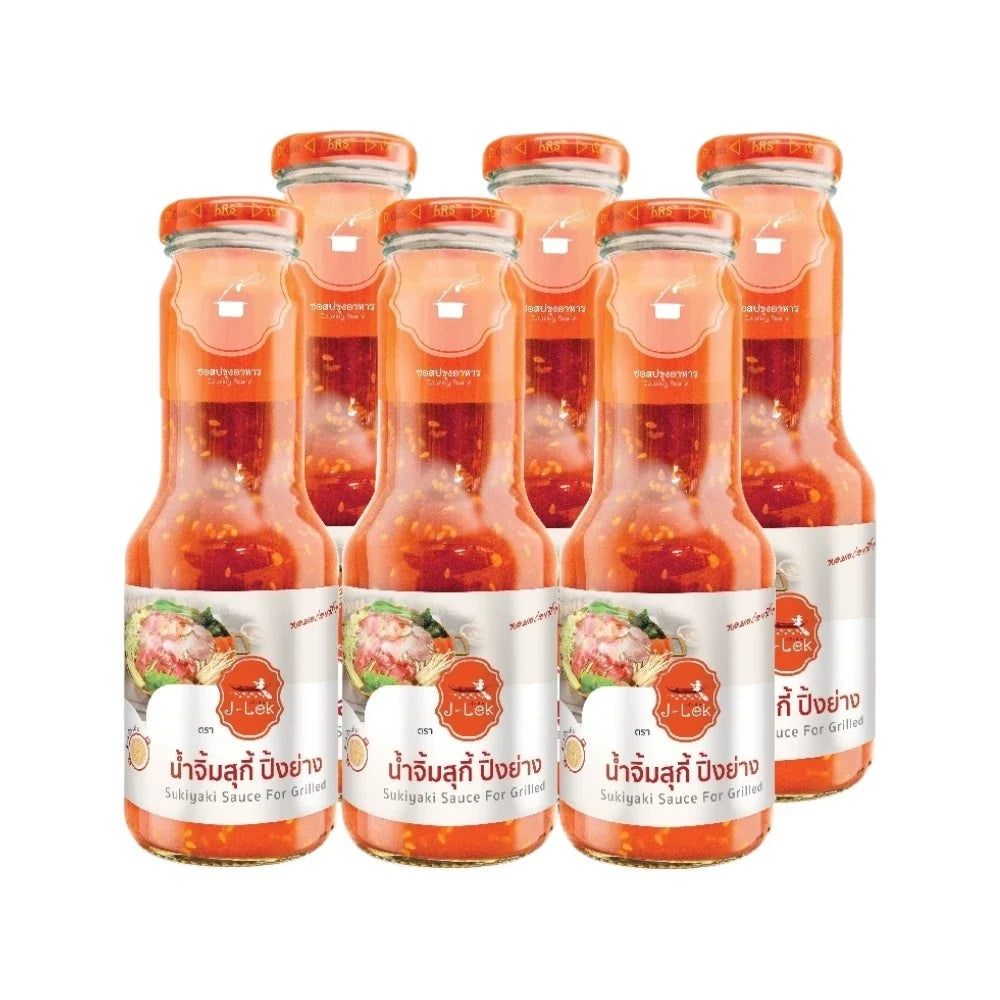 J-LEK Jae Lek Sukiyaki Grill Sauce glass bottles, 350g each, displayed in a set of six, ideal for Japanese cooking.