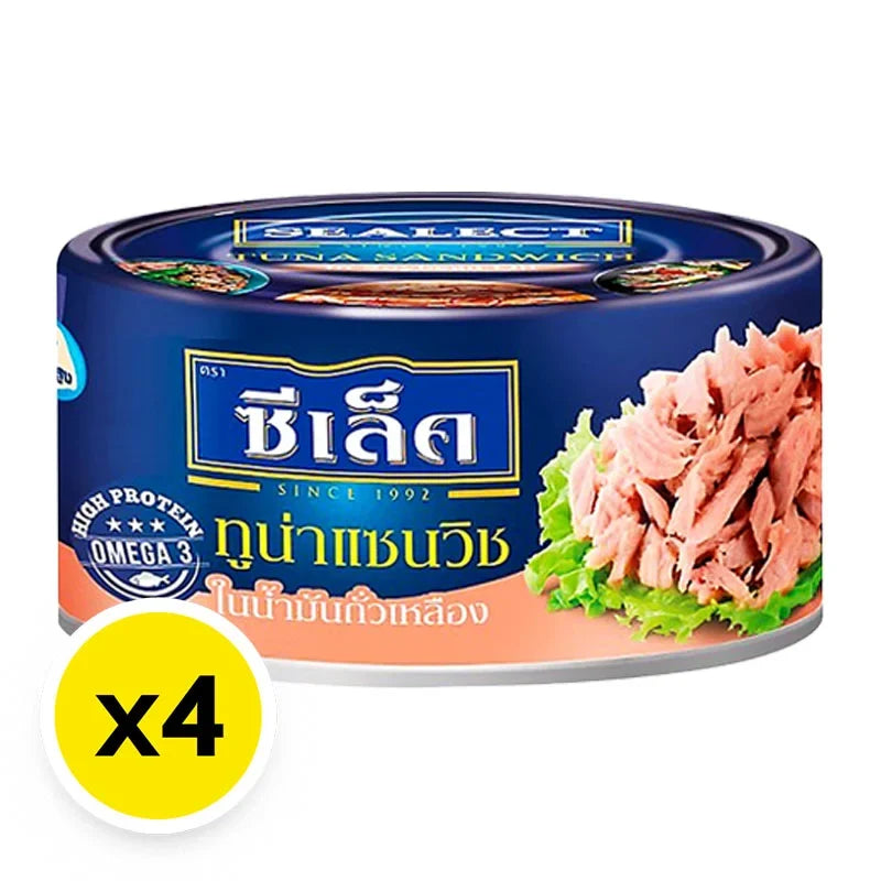 Sealect Tuna Sandwich in soybean oil, 165g x 4, featuring canned tuna packed in soybean oil for sandwiches and salads.