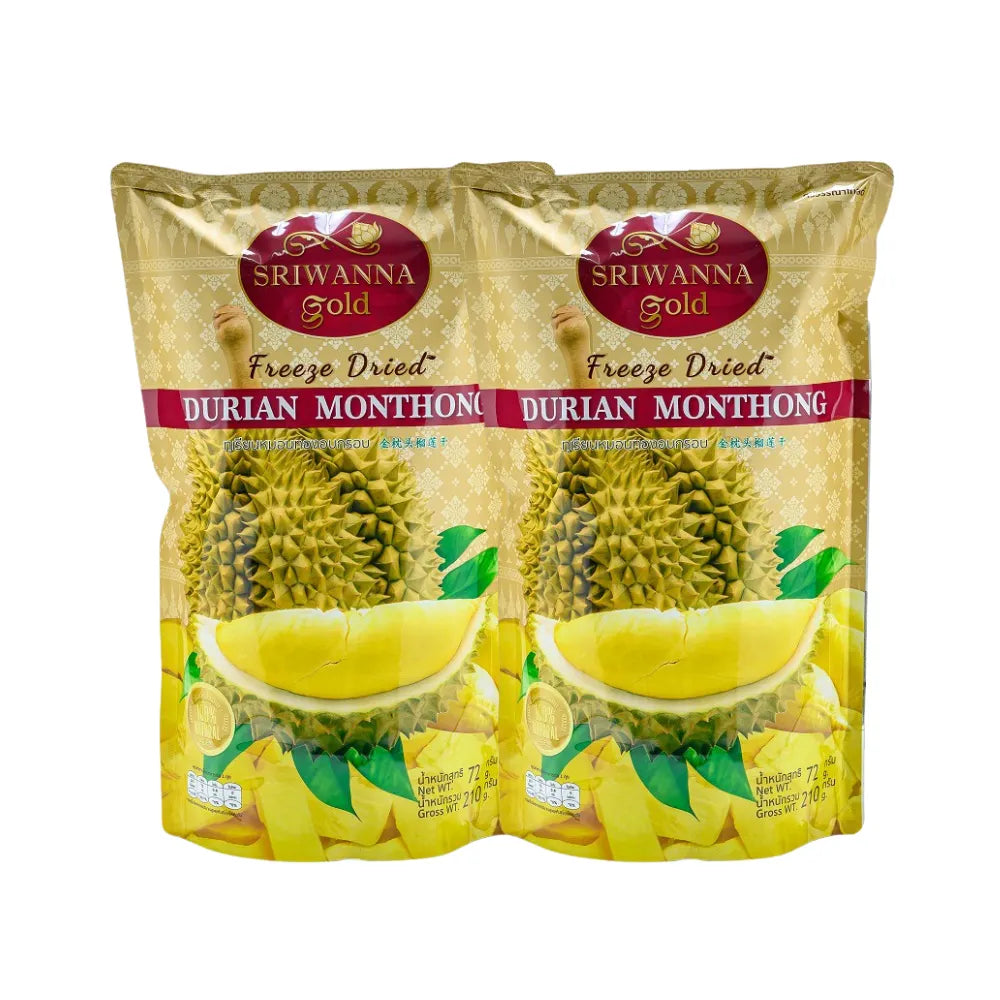 Sriwanna Gold Freeze Dried Durian Monthong in 210g package, showing golden dried durian slices on a white background.
