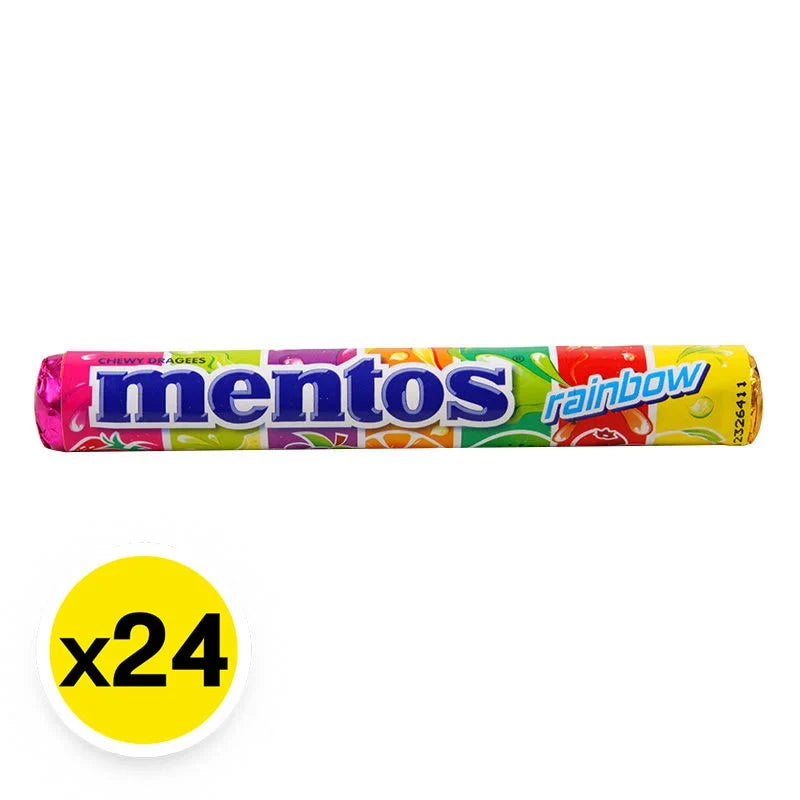 Mentos Soft Rainbow Candy pack showing colorful chewy candies in a clear bag, 29.7g x24 pack for snacks and confectionery.