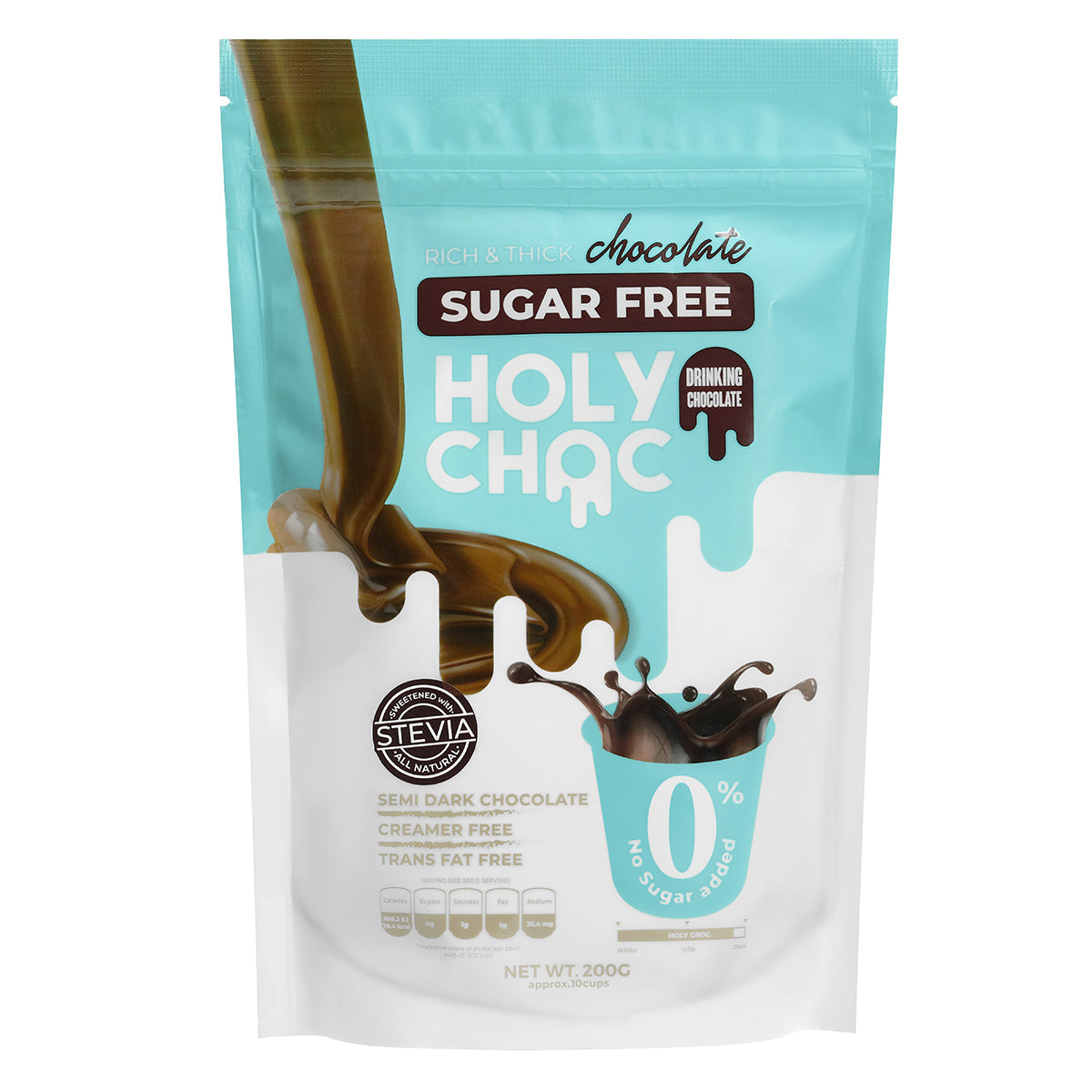 Bottle of Holy Choc Sugar Free Drinking Chocolate featuring a rich, smooth chocolate drink in a clear glass mug.