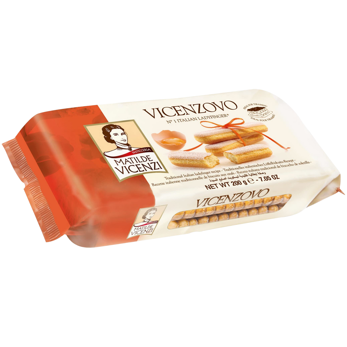 Vicenzi Lady Fingers, classic confectionery snacks, arranged on a plate, showcasing their light, airy texture and golden-brown color.