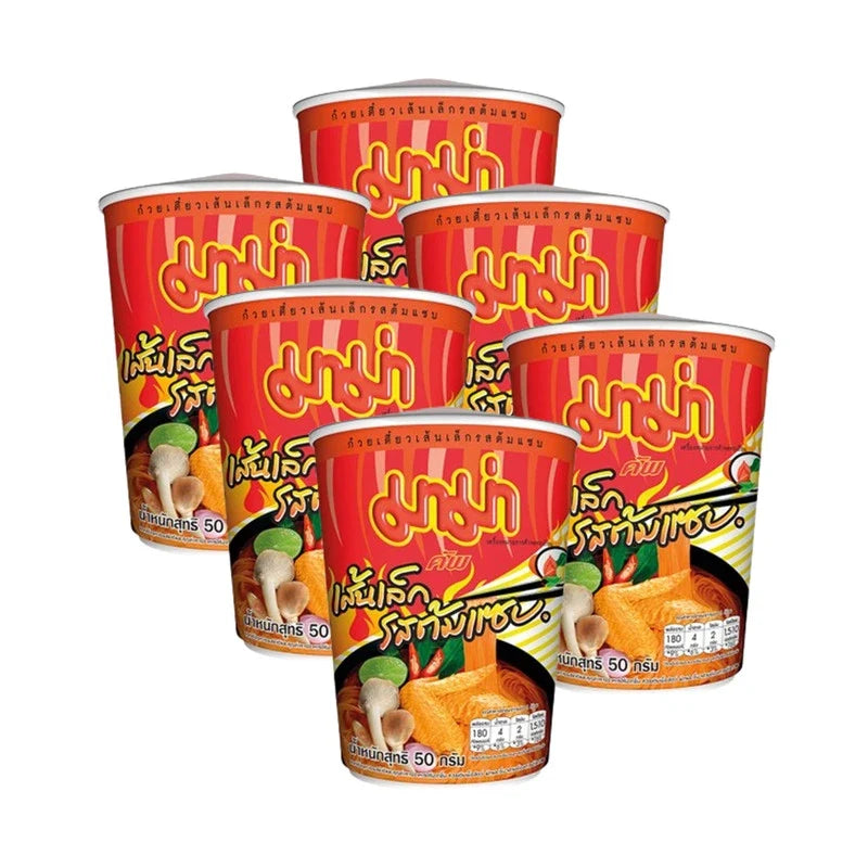 Mama Cup Small Noodles Spicy Soup Cups, dry grocery, close-up of hot, spicy instant noodle cups with seasoning and noodles inside.