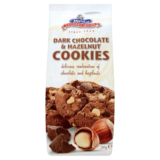 Merba Dark Chocolate & Hazelnut Cookies showing a close-up of cookies with dark chocolate and hazelnuts on a plate