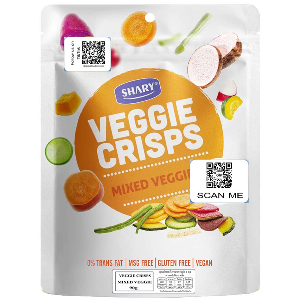 Shary Crisps Mixed Veggie confectionery snacks in colorful packaging, featuring a vibrant assortment of vegetable flavors.