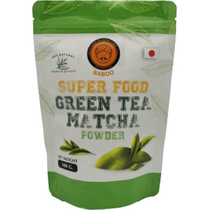 Bag of Baboo Green Tea Matcha Powder for healthy snacks, showing vibrant green matcha powder inside a resealable pouch.