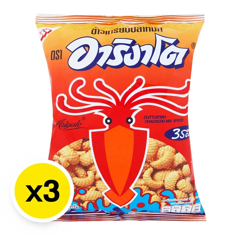 Arigato Cuttlefish Cracker 65g pack, Japanese snack, crispy seafood-flavored snack, three packs of dry grocery snack.
