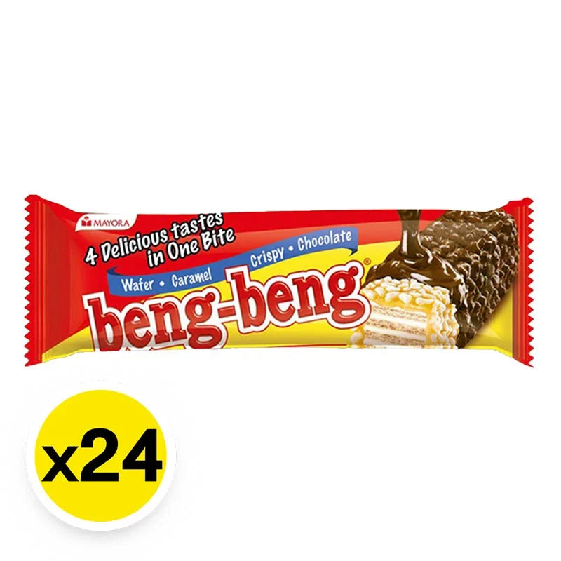 Beng Wafer Chocolate snack, 20g x24 packs, crispy wafer covered in chocolate from BENG BENG, displayed in a row.