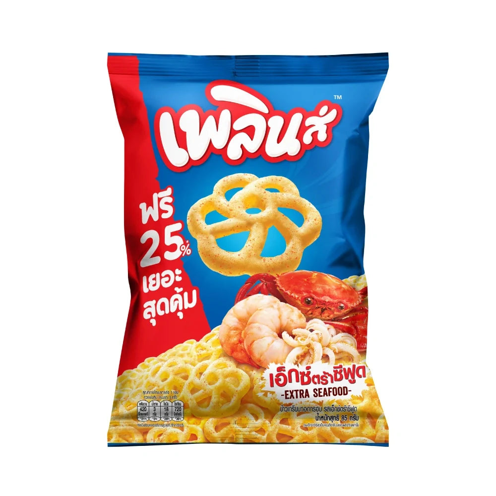 PLERN Plern Extra Seafood Flavor snack pack, 85g x3, showing colorful packaging and seafood-themed design in the image.