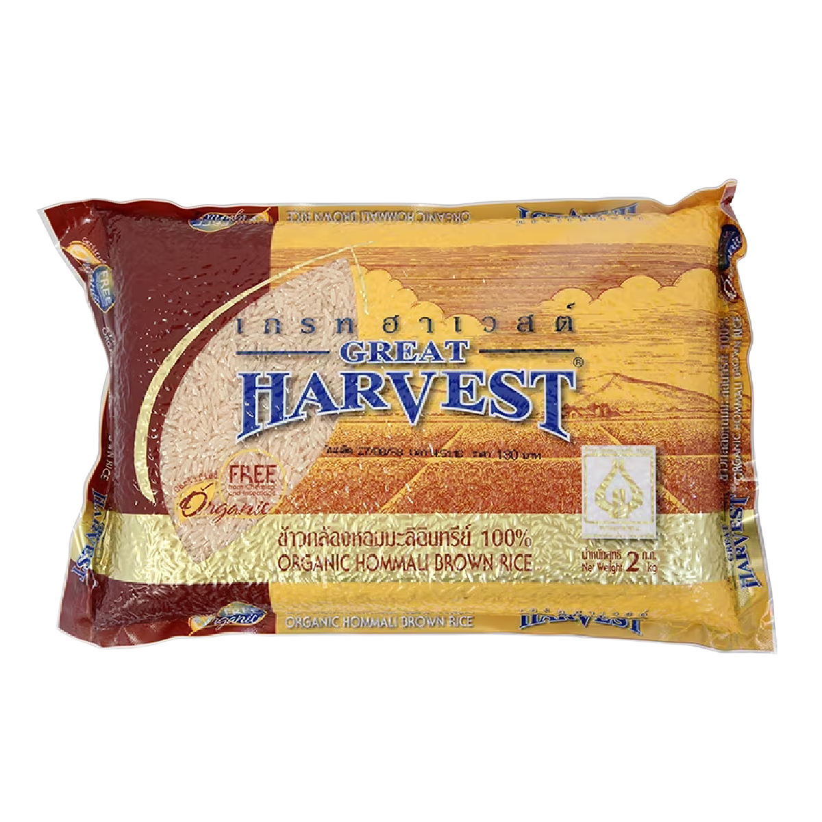 Organic Great Harvest Brown Rice in a clear bag, showing the light brown grains ready for cooking.