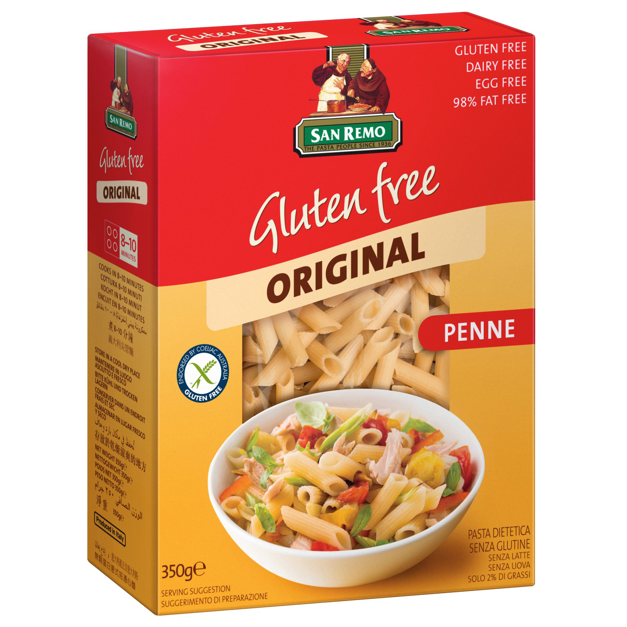 San Remo gluten-free penne pasta in a clear box, showcasing the healthy grocery product with golden pasta tubes.