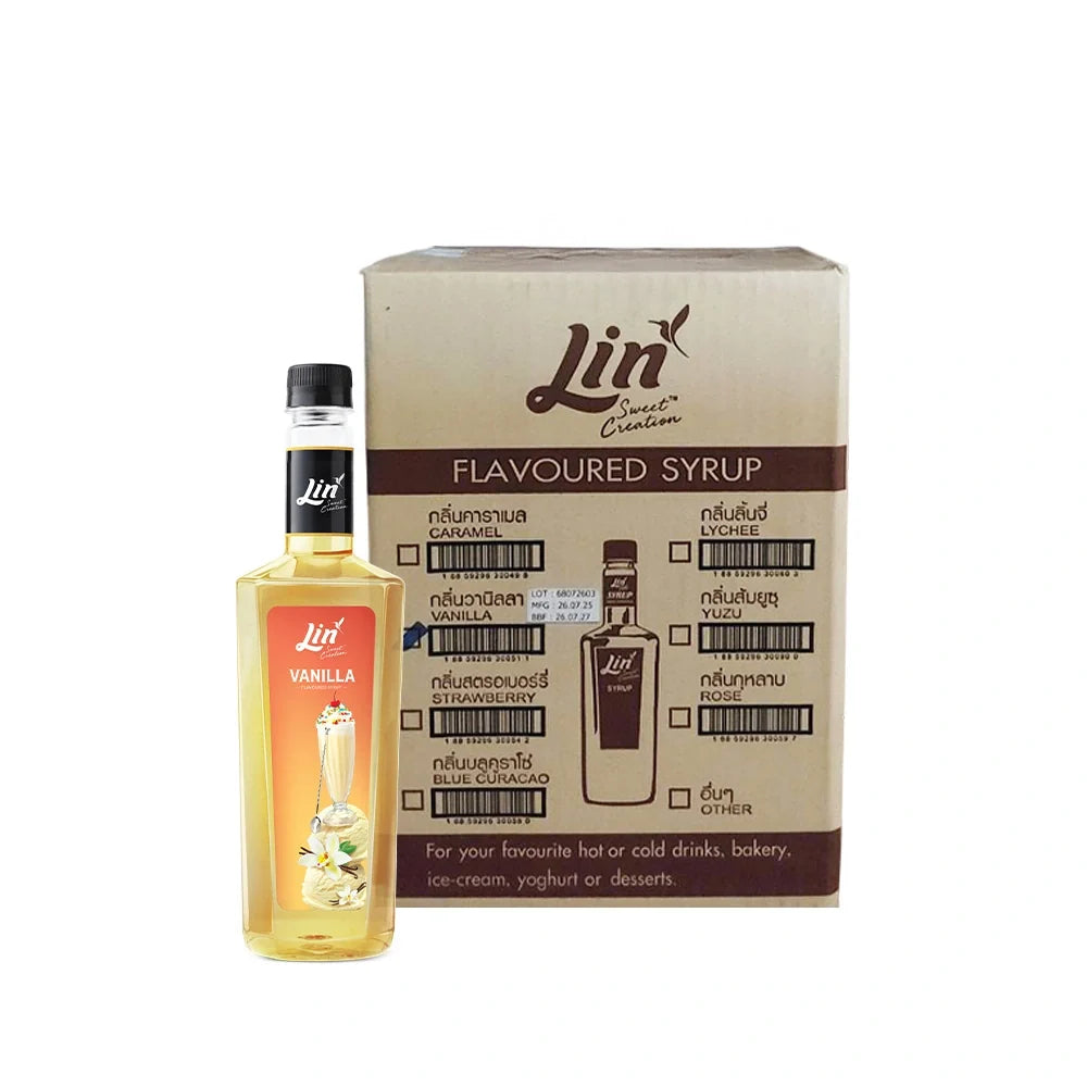 Dry grocery Lin syrup with vanilla flavor, showing the product packaging with a clear label on a neutral background.