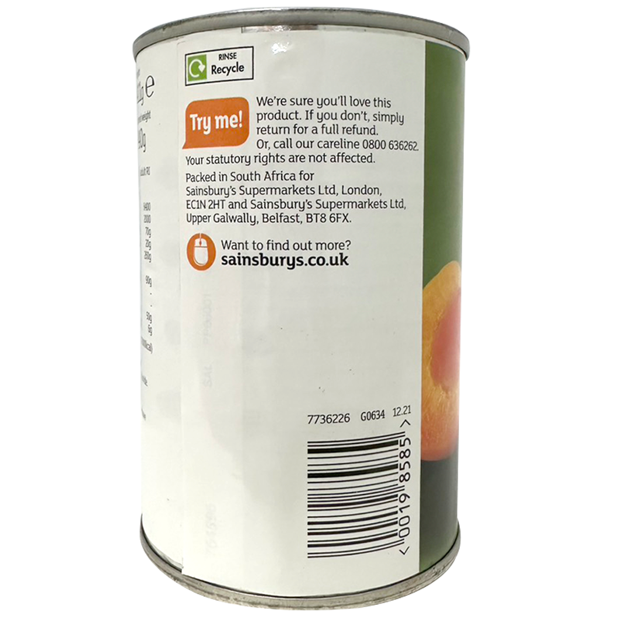 Sainsbury's apricot halves in light syrup in a can, showing golden apricots packed in syrup with a pull-tab lid.