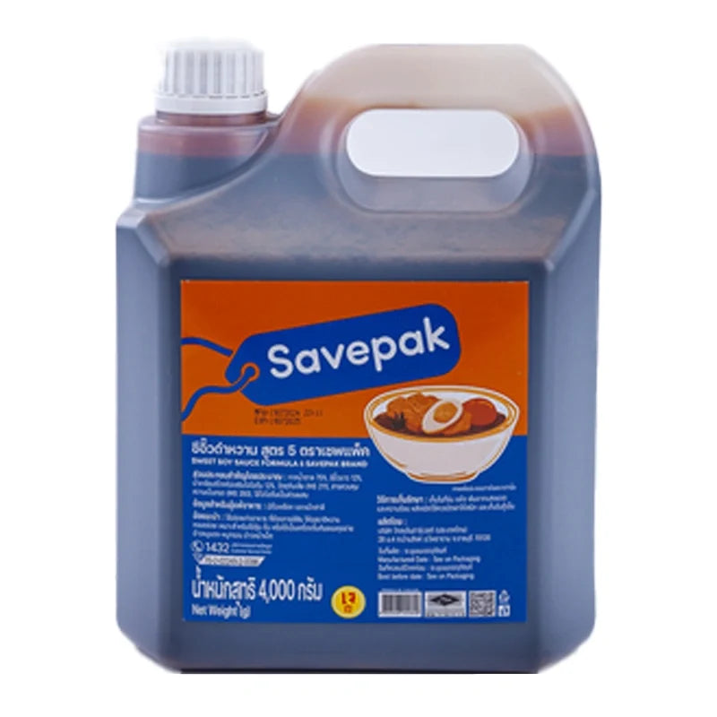 Savepak Dark Soy Sauce Recipe 5 4kg in a bottle, showcasing the dark, rich soy sauce used for cooking and seasoning.