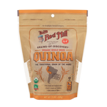 Bob's Red Mill Organic White Quinoa, a nutritious grain used in healthy confectionery snacks, shown in a clear image.
