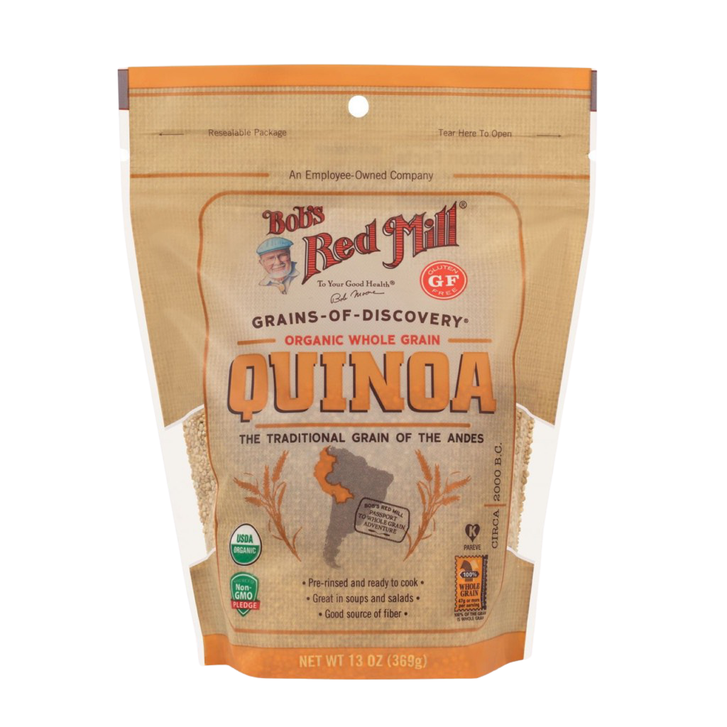 Bob's Red Mill Organic White Quinoa, a nutritious grain used in healthy confectionery snacks, shown in a clear image.