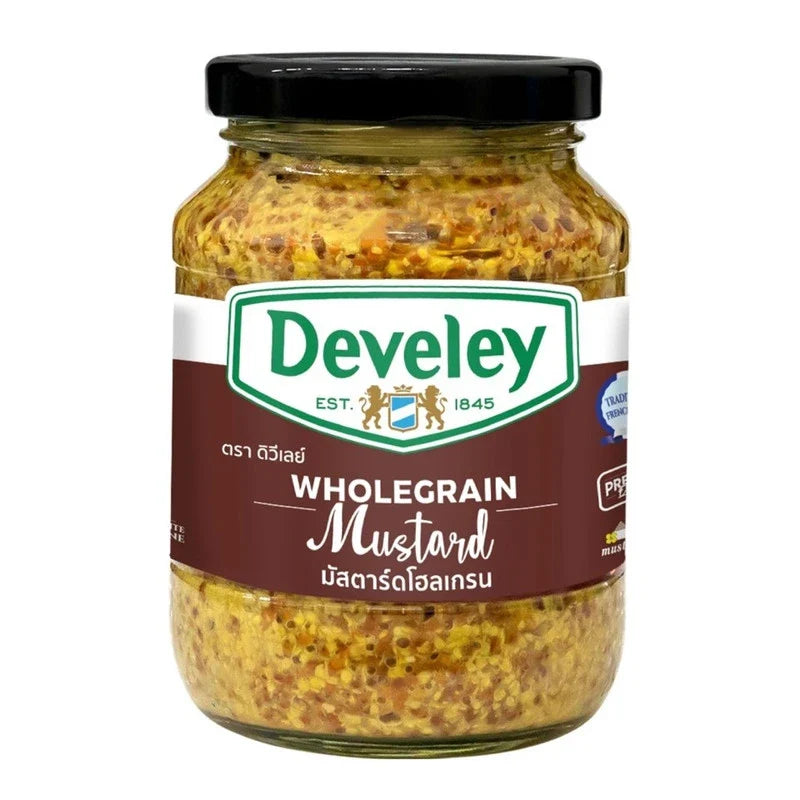 Develey Wholegrain Mustard in 320g jar, showing the mustard's coarse texture and label on the lid.