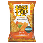 Corn Up Yellow Cheddar confectionery snack in bright yellow packaging with cheesy snack pieces visible inside.