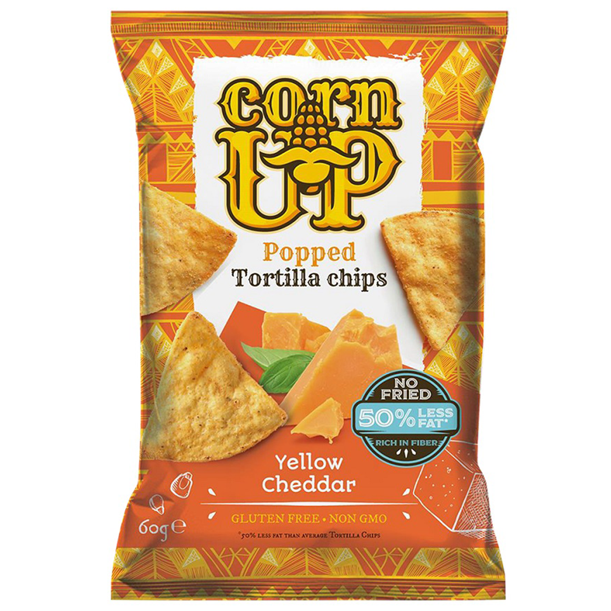 Corn Up Yellow Cheddar confectionery snack in bright yellow packaging with cheesy snack pieces visible inside.