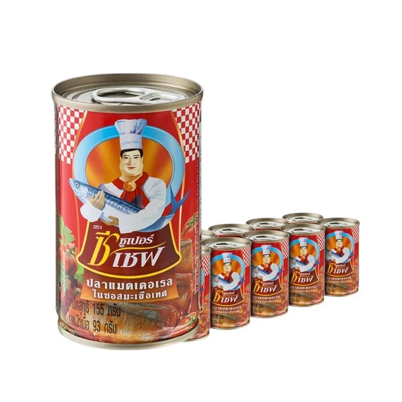 Cans of Super C Chef sardines and mackerel in tomato sauce, 155g each, arranged in a display, part of dry grocery selection.