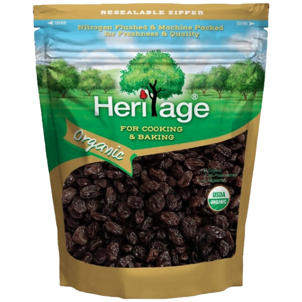 Heritage Organic Seedless Raisins in a clear container, showcasing plump, golden dried grapes for healthy confectionery snacks.