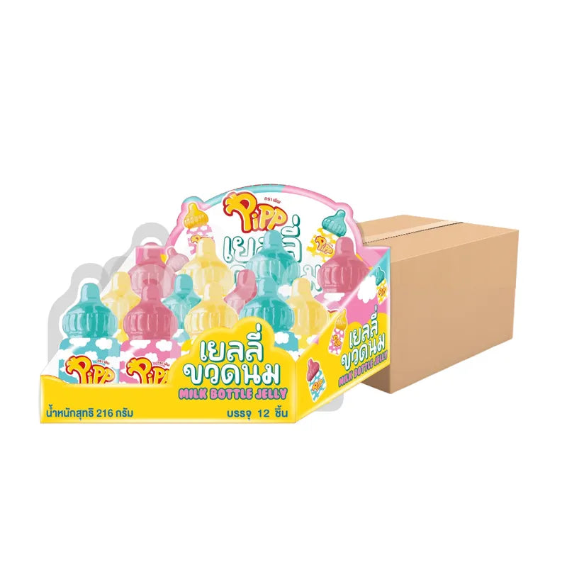 PIPP Strawberry flavor milk bottle-shaped gelatin jelly snack, 18g dry grocery confectionery, close-up of the colorful treat