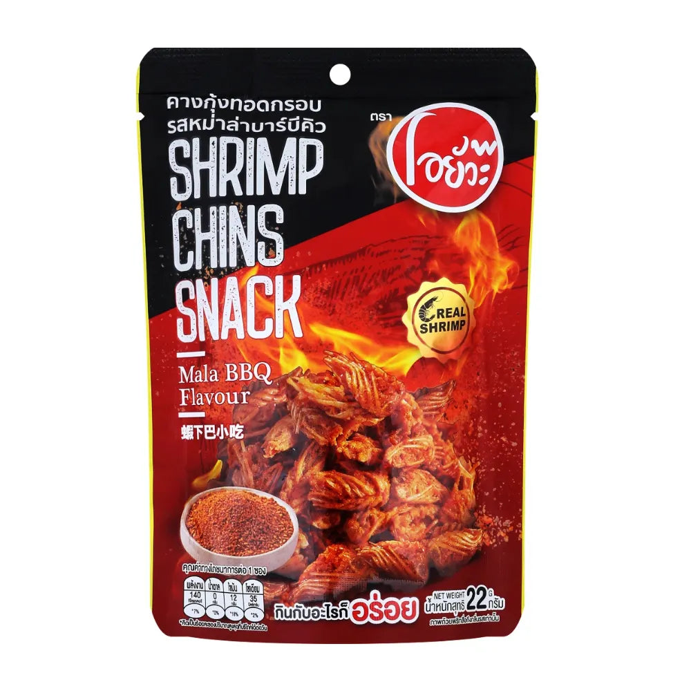 O-yua Crispy Fried Shrimp snack with Mala BBQ flavor in 22g packaging, showing crispy shrimp pieces coated with flavorful seasoning.