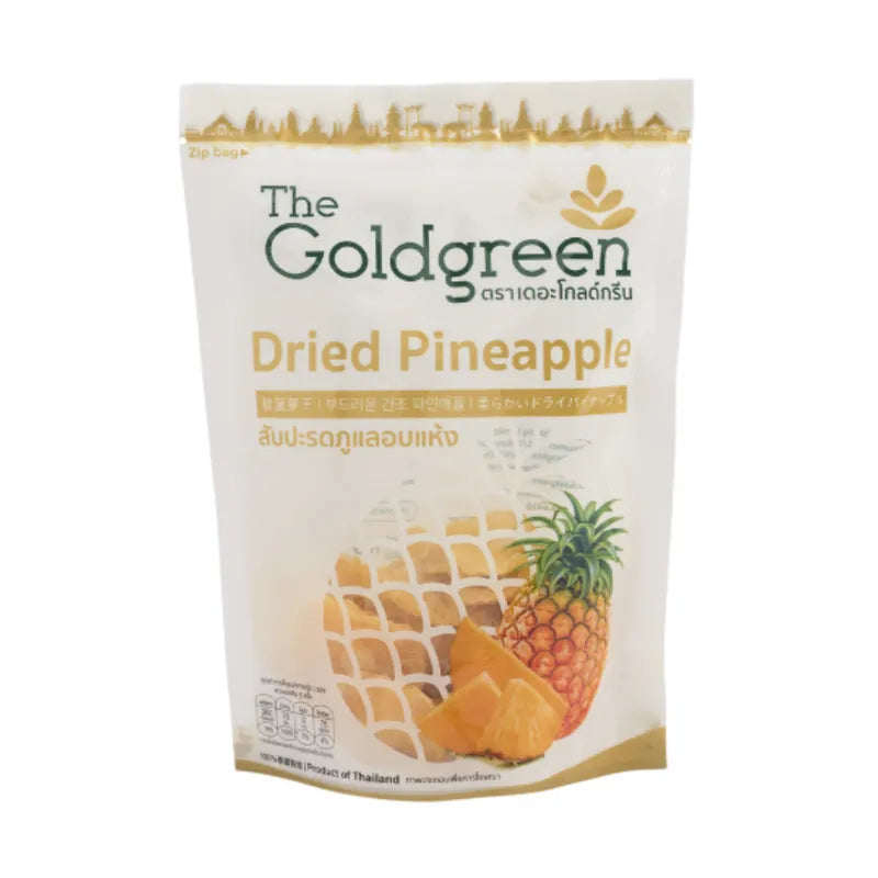 Dried Goldgreen Phulae pineapple slices in a 100g package, ready for snacking or baking, from THE GOLDGREEN dried grocery collection.