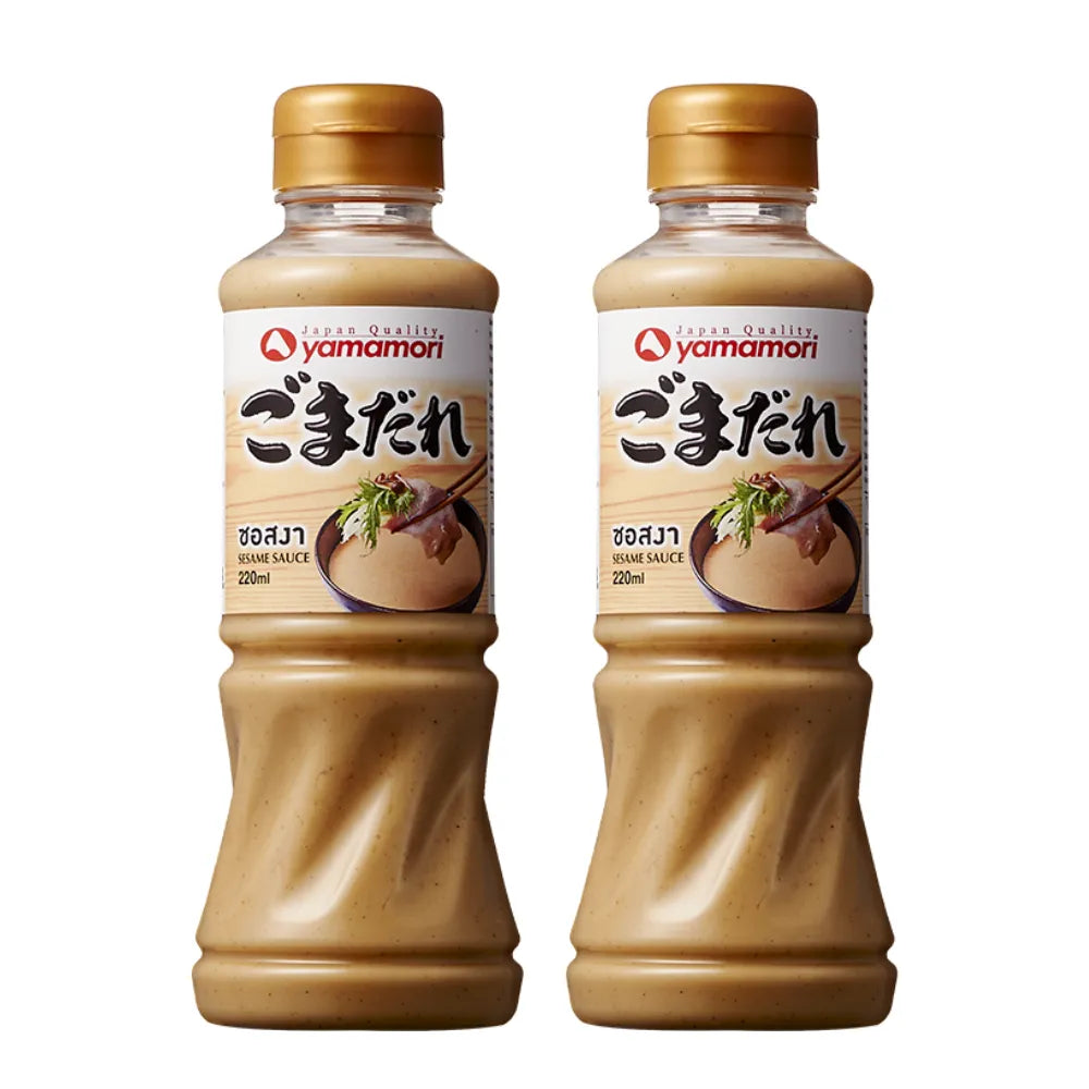 Yamamori Sesame Sauce 220ml bottles, a Japanese dry grocery product with rich sesame flavor, displayed side by side on a neutral background.