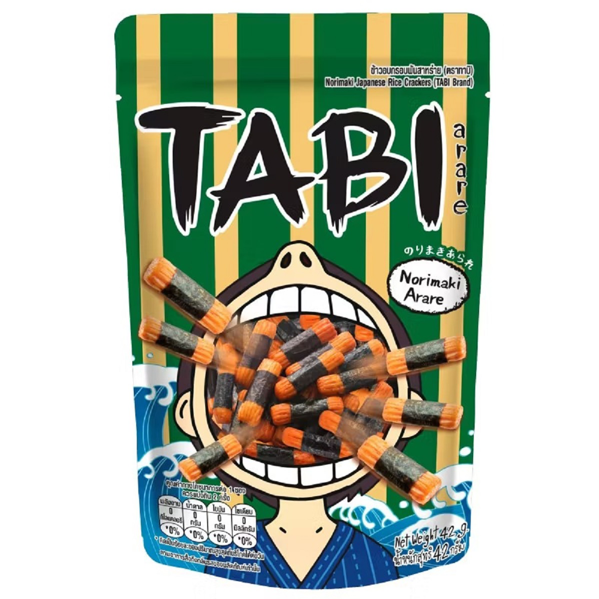 Tabi Japanese rice cracker Norimaki, a crispy confectionery snack with seaweed flavor, displayed in a close-up shot.