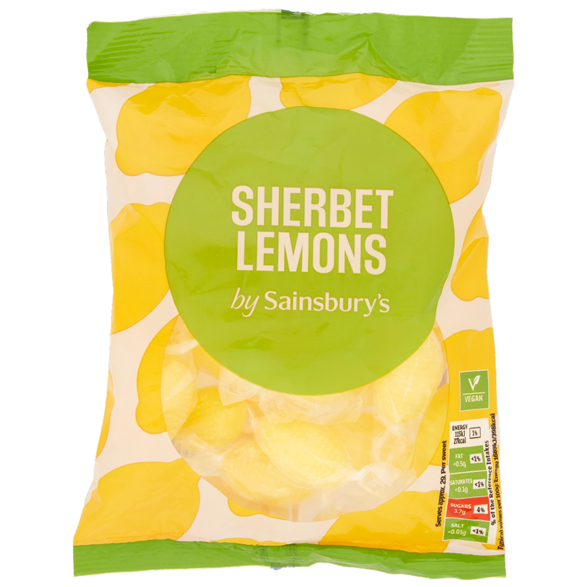 Sainsbury's Lemon Sherbet confectionery snacks in a colorful bag with lemon-flavored sherbet candies spilling out.