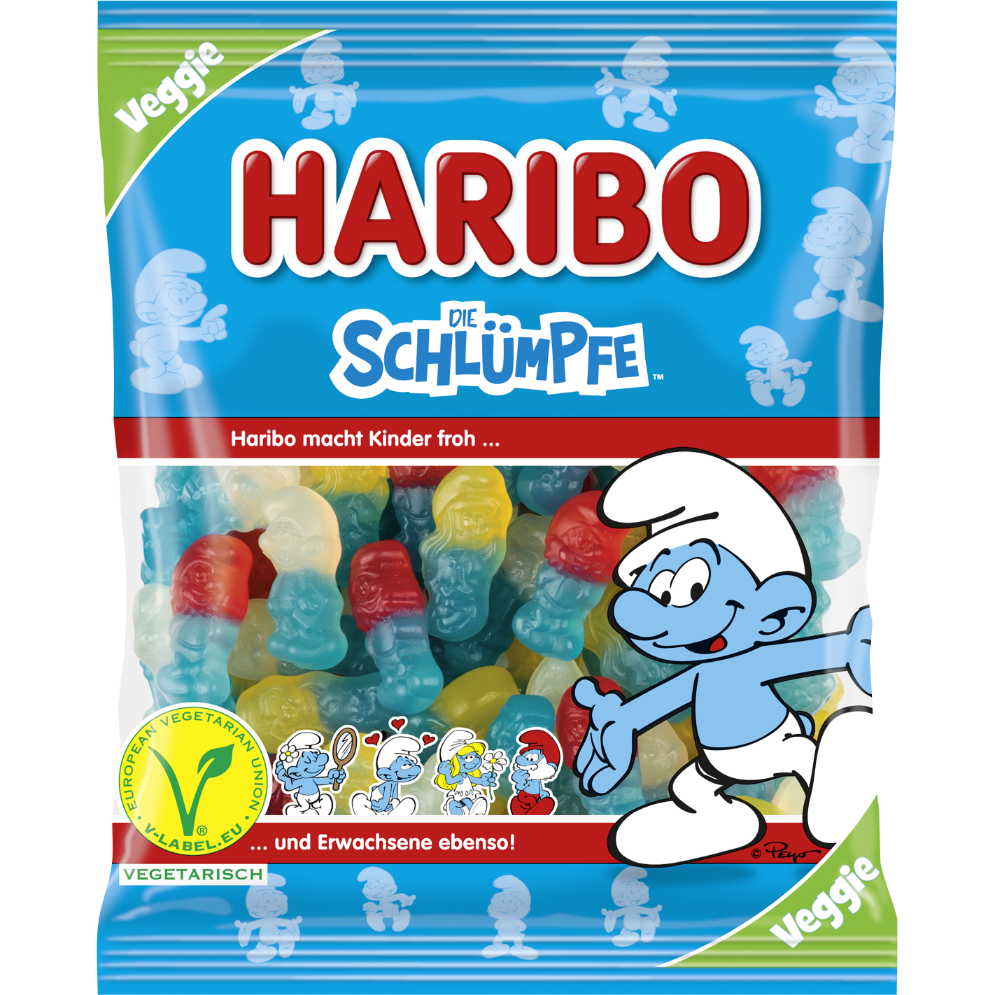 Colorful Haribo Die Schlumpfe jelly candies, soft confectionery snacks in vibrant blue, red, and green hues.