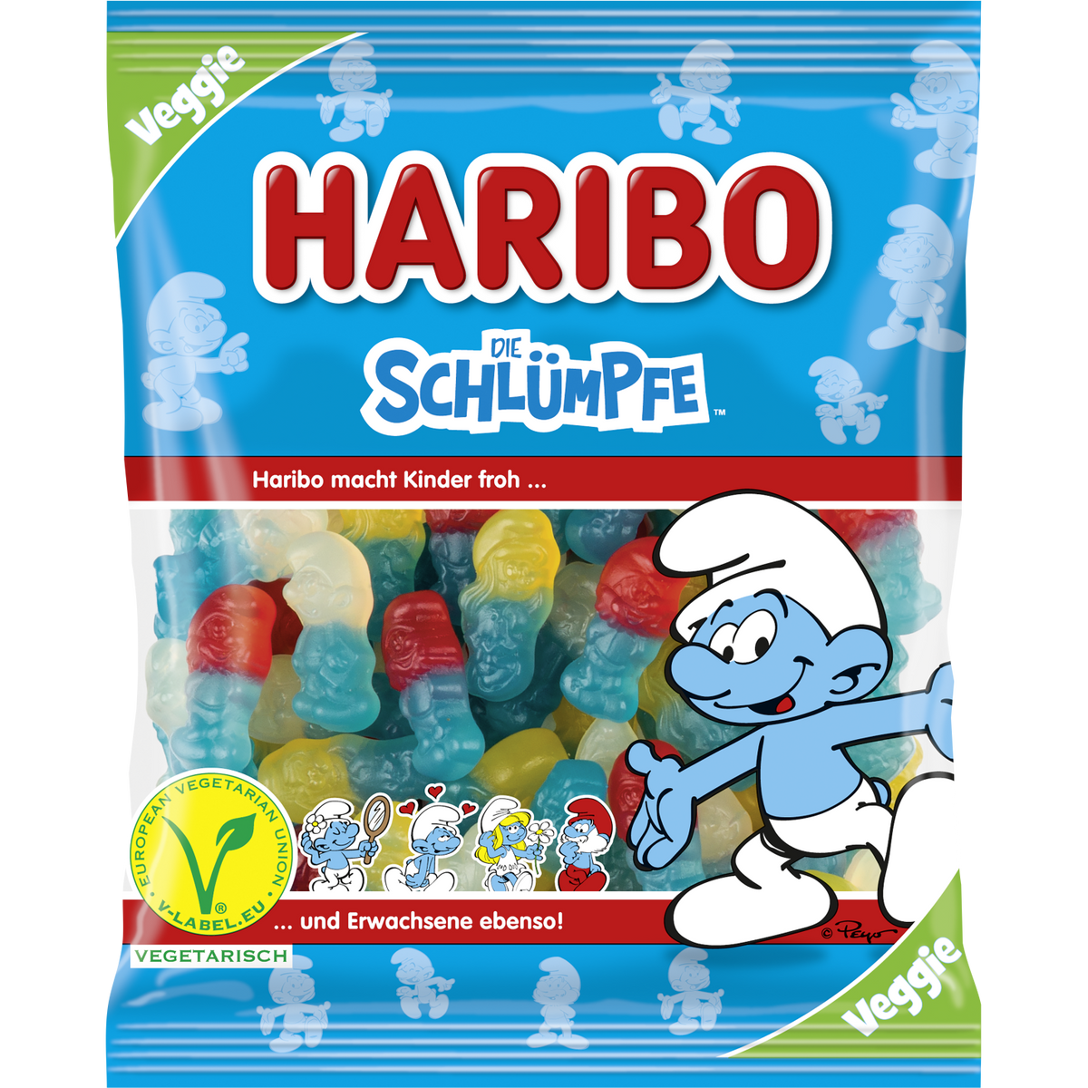 Colorful Haribo Die Schlumpfe jelly candies, soft confectionery snacks in vibrant blue, red, and green hues.
