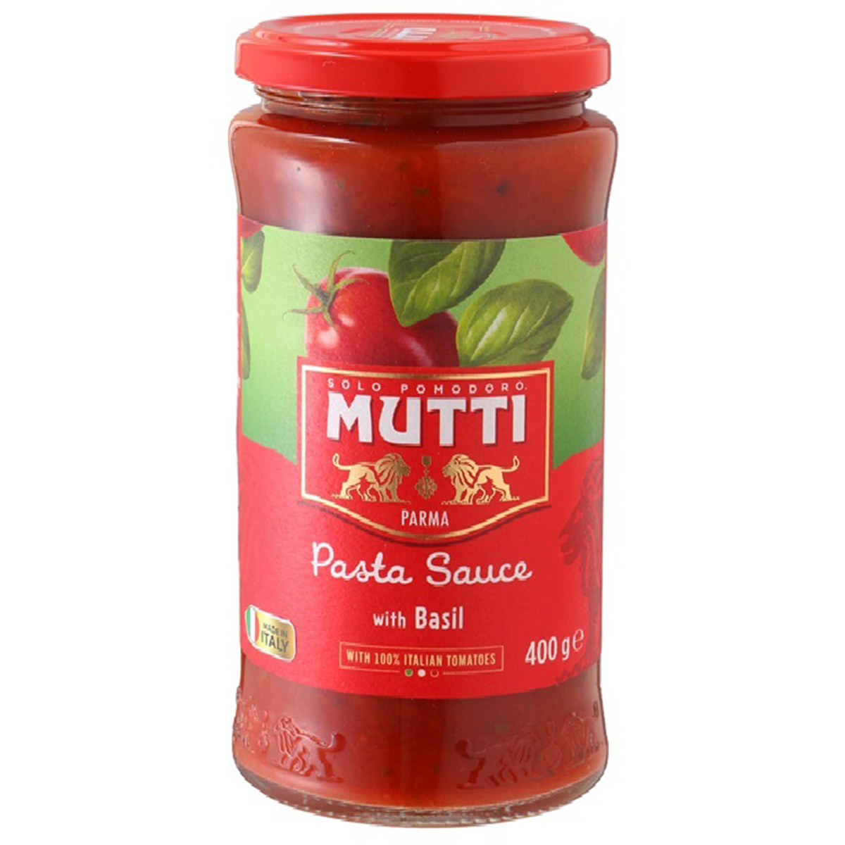 Jar of Mutti Tomato & Basil Pasta Sauce with ripe tomatoes and fresh basil, showcasing the flavorful Italian sauce.