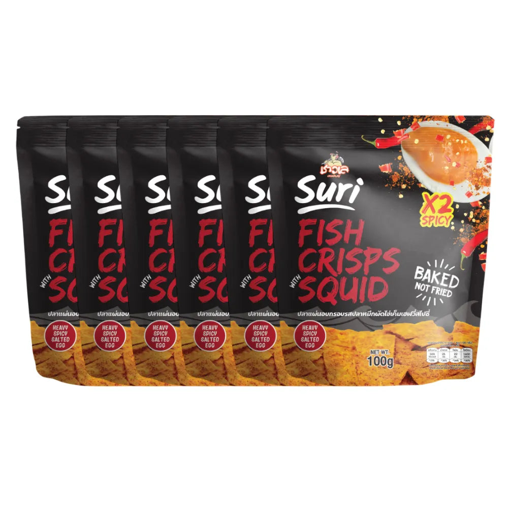 Chaolay Fish Crisps with Squid, 100g pack, showing crispy snack with squid pieces in colorful packaging.