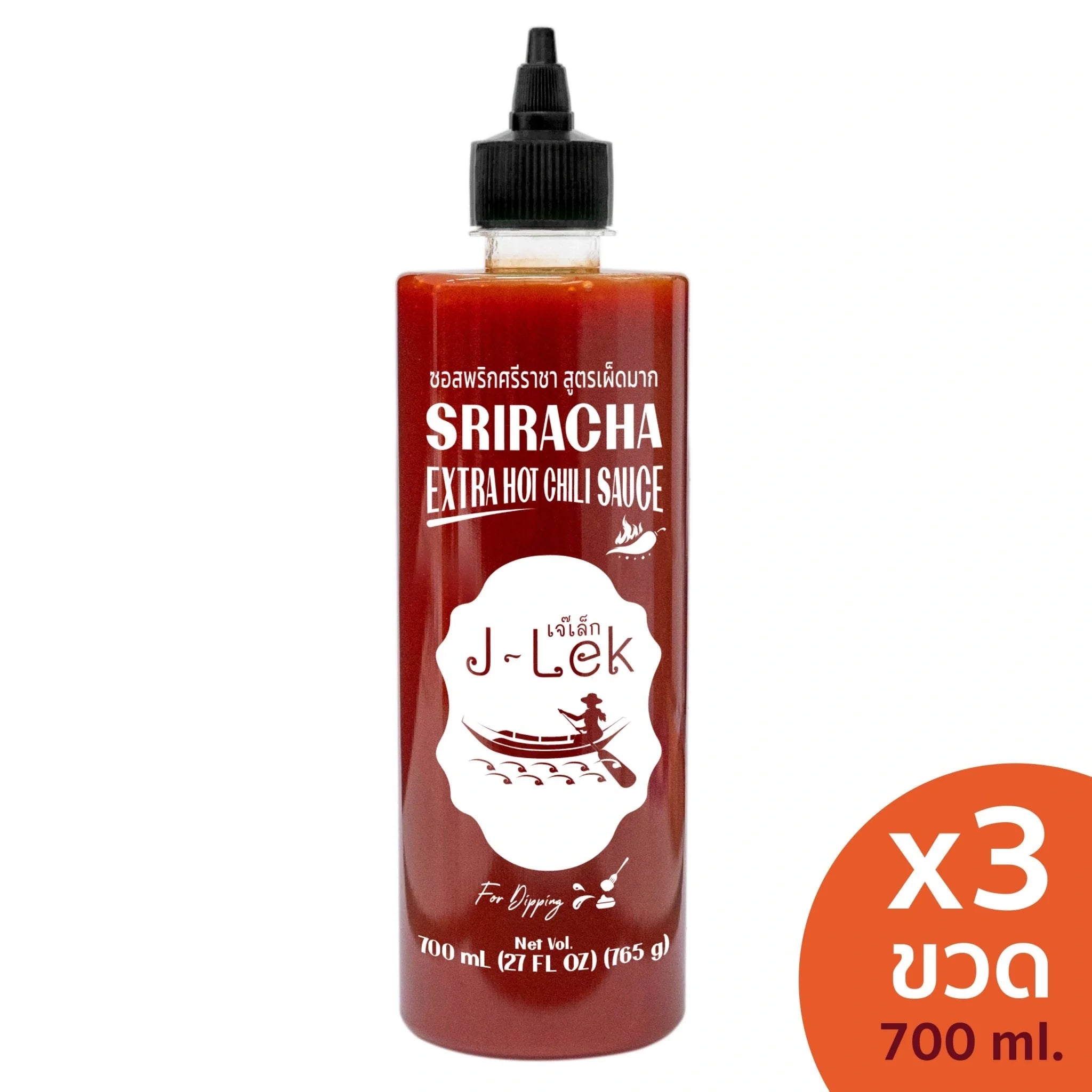 J-LEK Sriracha Chili Sauce bottles with spicy formula, 765g, shown in a grocery product image.