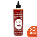 J-LEK Sriracha Chili Sauce bottles with spicy formula, 765g, shown in a grocery product image.