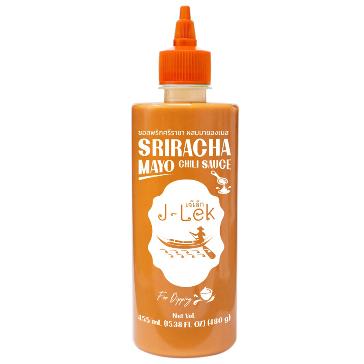 J-Lek Sriracha Mayo Chili Sauce bottle, spicy condiment with red chili and creamy mayo texture for grocery use